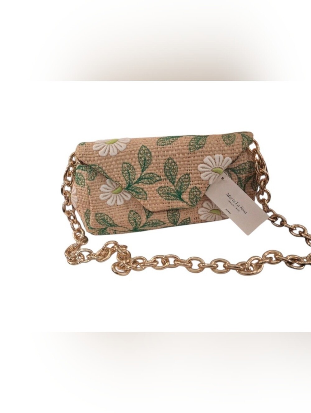💕Maria La Rosa Beige Raffia Clutch with Green Floral Embroidery - NWT💕